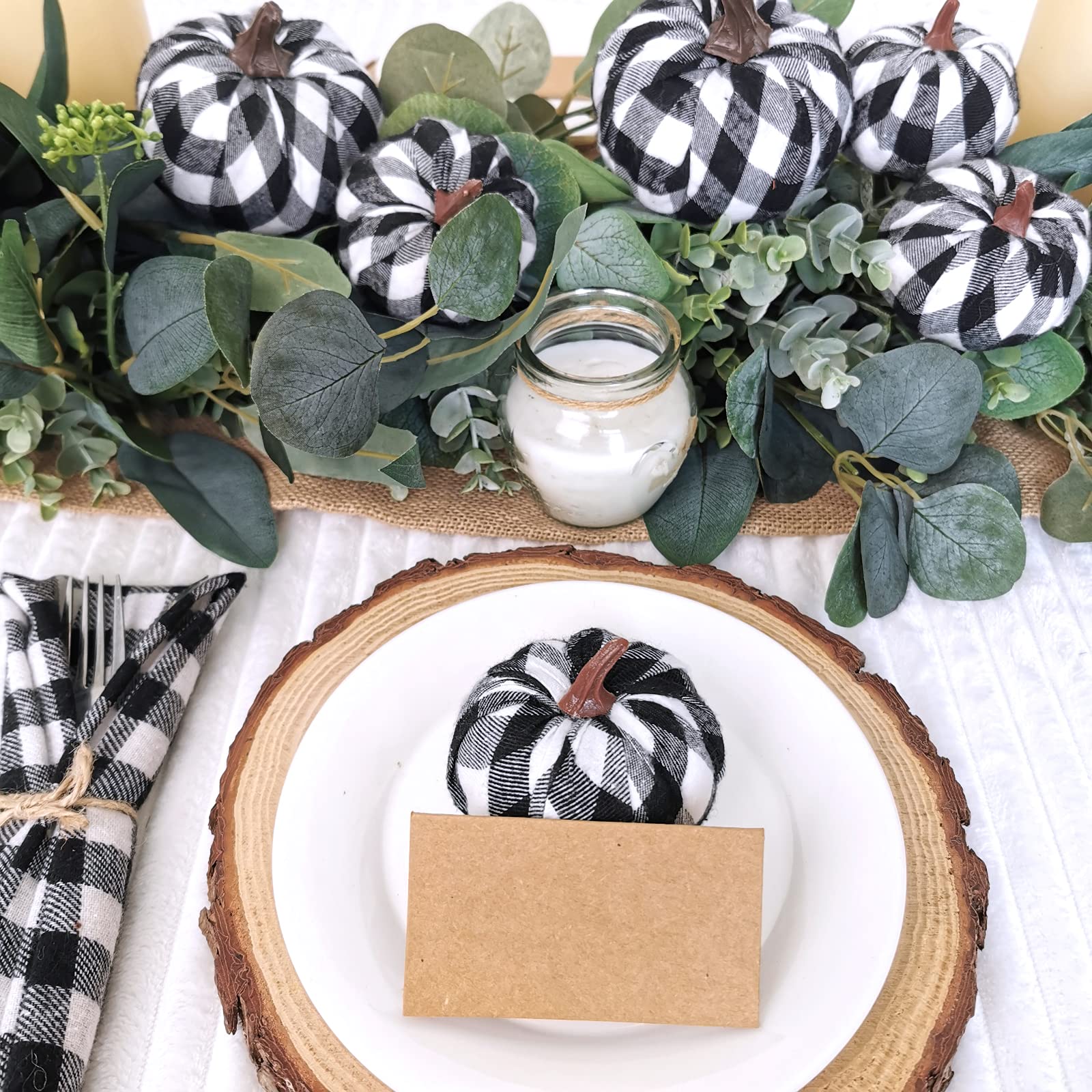 Set of 12 Small Faux Harvest Decorative Fabric Pumpkins Foam Pumpkins in Black & White Buffalo Check for Farmhouse Rustic Fall T